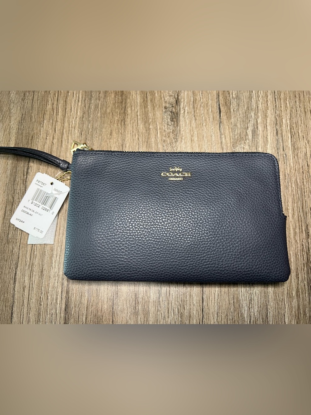 NWT Coach Large Midnight Pebbled Leather Double Zip Wristlet with Gold Hardware